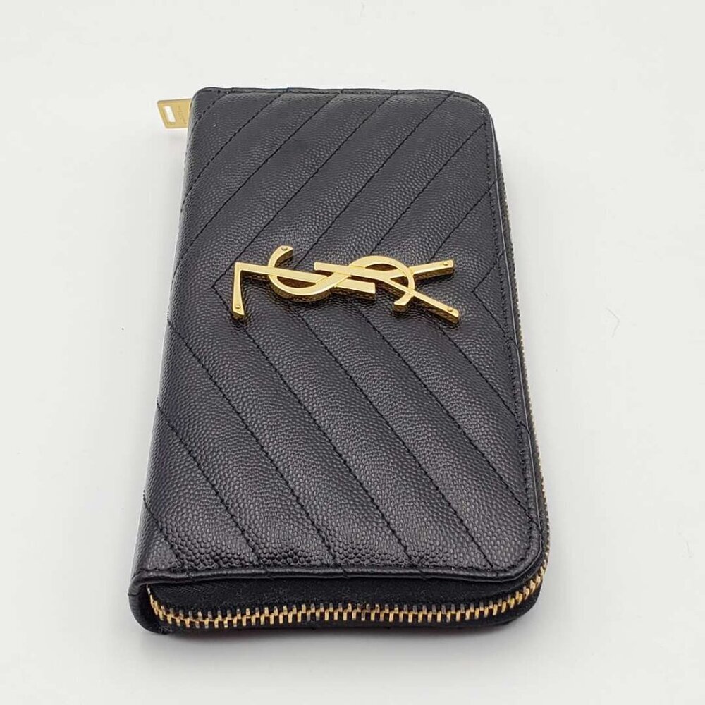 Yves Saint Laurent Zippy Black Chevron Quilted Zip Wallet with Gold Hardware - Picture 4 of 11